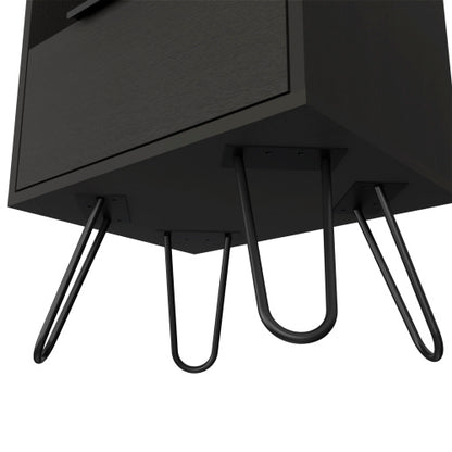 Black Nightstand with Cabinet, Open Shelf & Hairpin Legs, 22inchH