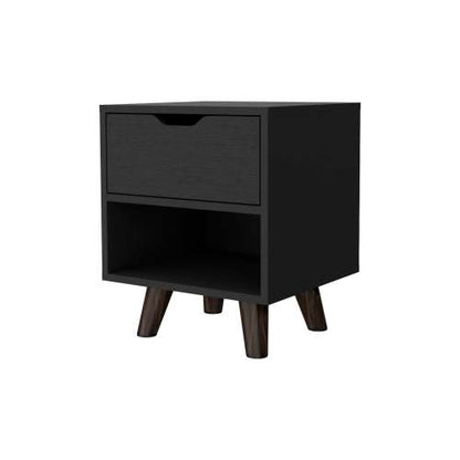 1-Drawer Nightstand with Open Shelf & Wooden Legs