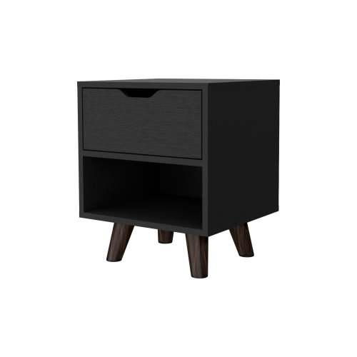 1-Drawer Nightstand with Open Shelf & Wooden Legs