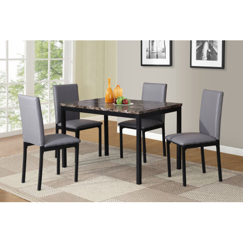 5-Piece Gray Metal Dining Set, Laminated Faux Marble Top Table & 4 Faux Leather Chairs