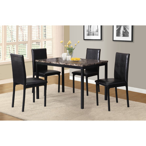5-Piece Black Metal Dining Set, Laminated Faux Marble Top Table & 4 Black Faux Leather Chairs