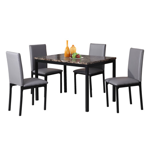 5-Piece Gray Metal Dining Set, Laminated Faux Marble Top Table & 4 Faux Leather Chairs