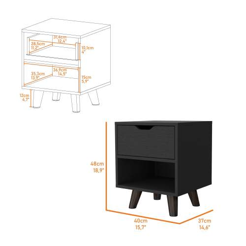 1-Drawer Nightstand with Open Shelf & Wooden Legs