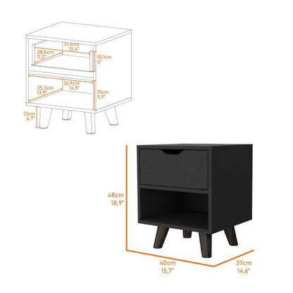 1-Drawer Nightstand with Open Shelf & Wooden Legs