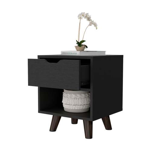1-Drawer Nightstand with Open Shelf & Wooden Legs