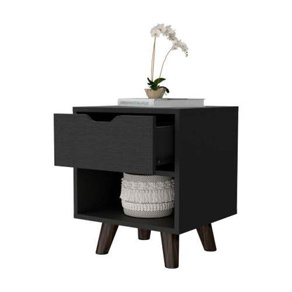 1-Drawer Nightstand with Open Shelf & Wooden Legs
