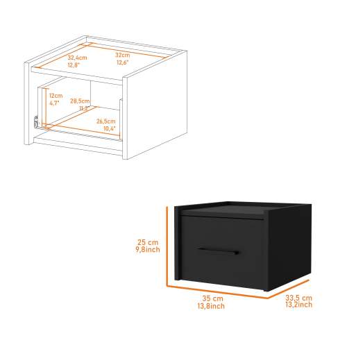 Black Finish Wall Mounted Floating Nightstand, 1 Drawer & 2-Tier Shelf