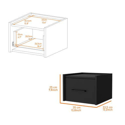 Black Finish Wall Mounted Floating Nightstand, 1 Drawer & 2-Tier Shelf