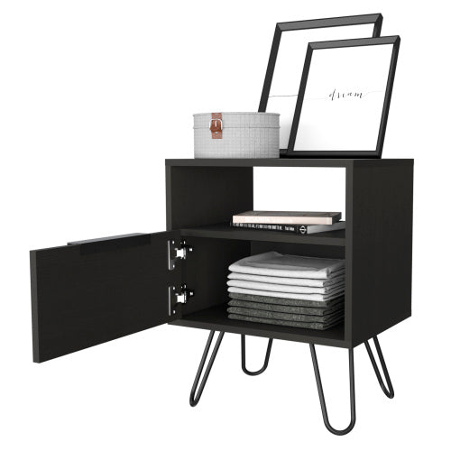 Black Nightstand with Cabinet, Open Shelf & Hairpin Legs, 22inchH