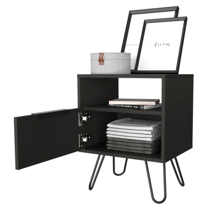 Black Nightstand with Cabinet, Open Shelf & Hairpin Legs, 22inchH