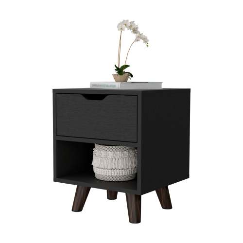 1-Drawer Nightstand with Open Shelf & Wooden Legs