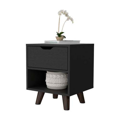 1-Drawer Nightstand with Open Shelf & Wooden Legs