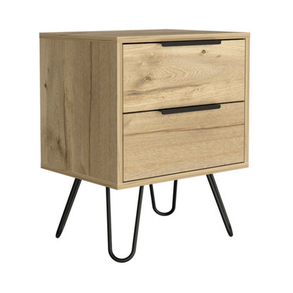 Light Oak Nightstand, 2-Drawer Bedside Table with Metal Hairpin Legs Compact Side Table