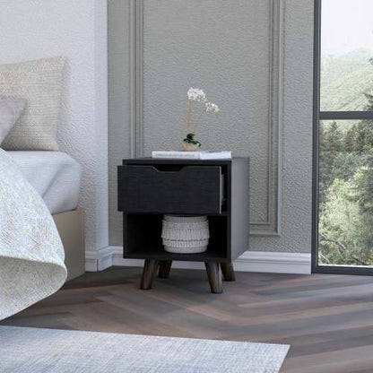 1-Drawer Nightstand with Open Shelf & Wooden Legs
