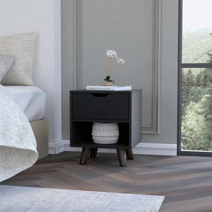 1-Drawer Nightstand with Open Shelf & Wooden Legs