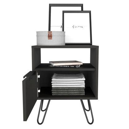 Black Nightstand with Cabinet, Open Shelf & Hairpin Legs, 22inchH