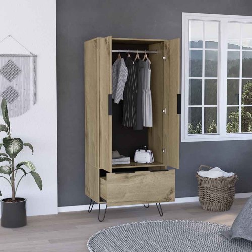 Armoire Closet, One Drawer, Double Door Cabinet -Light Oak