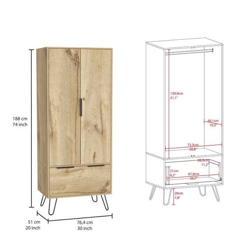 Armoire Closet, One Drawer, Double Door Cabinet -Light Oak