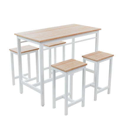 5-Piece White Oak Bar Table Set, MDF & Metal Frame with 4 Stools