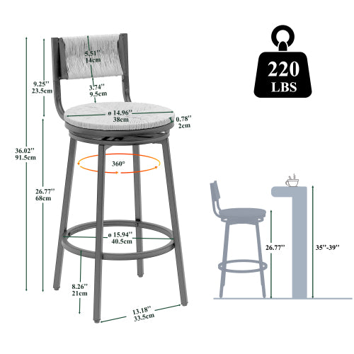 Honey Swivel Bar Stools Paper Rope Handwoven Barstools with Back Set of 2 Rustic Round Counter Chairs for Dining Room, Kitchen Island (Honey)