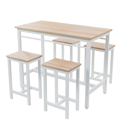 5-Piece White Oak Bar Table Set, MDF & Metal Frame with 4 Stools