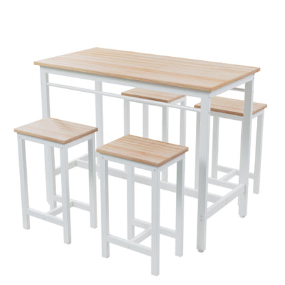 5-Piece White Oak Bar Table Set, MDF & Metal Frame with 4 Stools