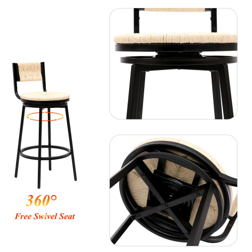Creamy White Bar Stools Swivel Counter Chairs with Metal Frame Set of 2 Hand Woven Paper Rope Dining Barstools for Kitchen Counter (Creamy White)