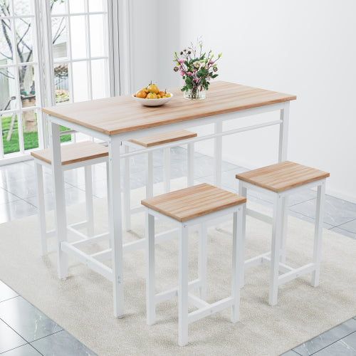5-Piece White Oak Bar Table Set, MDF & Metal Frame with 4 Stools