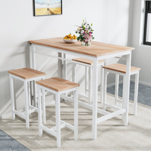 5-Piece White Oak Bar Table Set, MDF & Metal Frame with 4 Stools