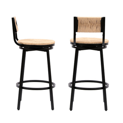 Honey Swivel Bar Stools Paper Rope Handwoven Barstools with Back Set of 2 Rustic Round Counter Chairs for Dining Room, Kitchen Island (Honey)