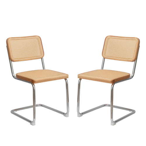 Woven Rattan Cantilever Dining Chairs with Chrome Frames, Set of 2, Wood Tone