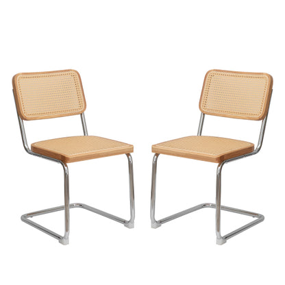 Woven Rattan Cantilever Dining Chairs with Chrome Frames, Set of 2, Wood Tone