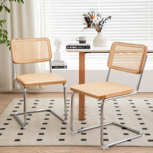 Woven Rattan Cantilever Dining Chairs with Chrome Frames, Set of 2, Wood Tone