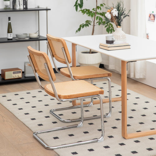 Woven Rattan Cantilever Dining Chairs with Chrome Frames, Set of 2, Wood Tone
