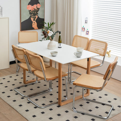 Woven Rattan Cantilever Dining Chairs with Chrome Frames, Set of 2, Wood Tone