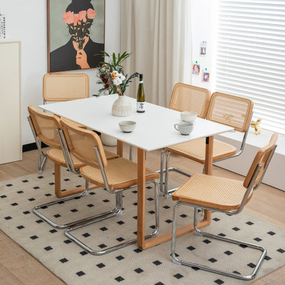 Woven Rattan Cantilever Dining Chairs with Chrome Frames, Set of 2, Wood Tone