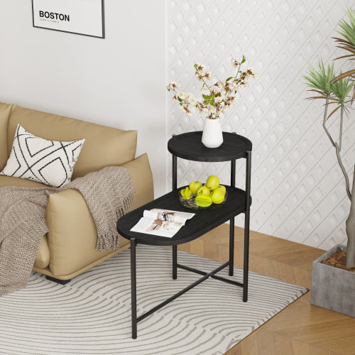 2-Tier Round & Oval Side Table, Black Metal Frame