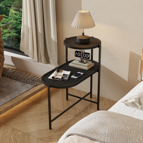 2-Tier Round & Oval Side Table, Black Metal Frame