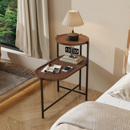 2-Tier Round & Oval Side Table, Walnut Brown