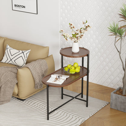 2-Tier Round & Oval Side Table, Walnut Brown