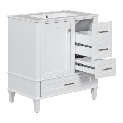 30" Bathroom Vanity , Modern Bathroom Cabinet with Sink Combo Set, Bathroom Storage Cabinet with a Soft Closing Door and 3 Drawers, Solid Wood Frame(White)