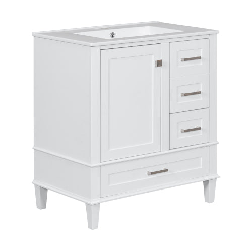 30" Bathroom Vanity , Modern Bathroom Cabinet with Sink Combo Set, Bathroom Storage Cabinet with a Soft Closing Door and 3 Drawers, Solid Wood Frame(White)