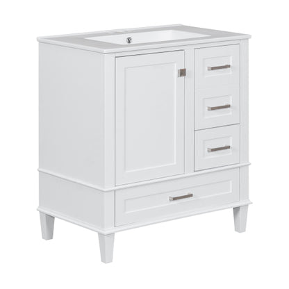 30" Bathroom Vanity , Modern Bathroom Cabinet with Sink Combo Set, Bathroom Storage Cabinet with a Soft Closing Door and 3 Drawers, Solid Wood Frame(White)