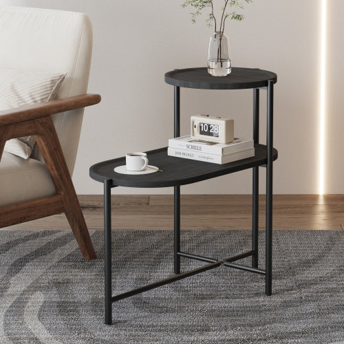 2-Tier Round & Oval Side Table, Black Metal Frame