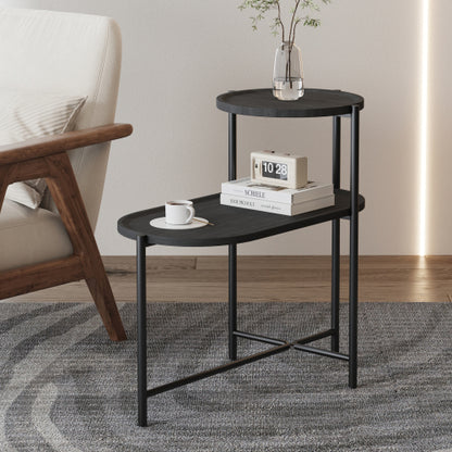 2-Tier Round & Oval Side Table, Black Metal Frame