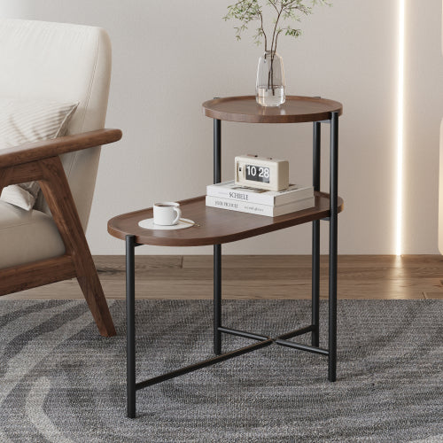 2-Tier Round & Oval Side Table, Walnut Brown