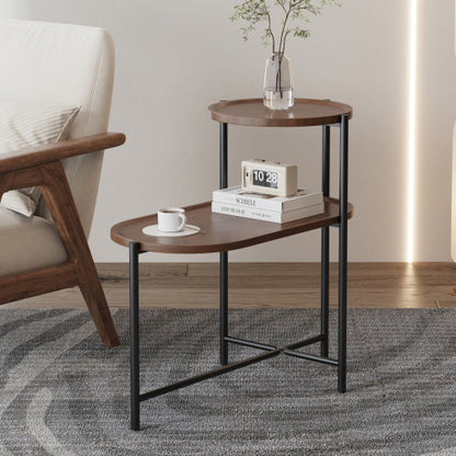 2-Tier Round & Oval Side Table, Walnut Brown