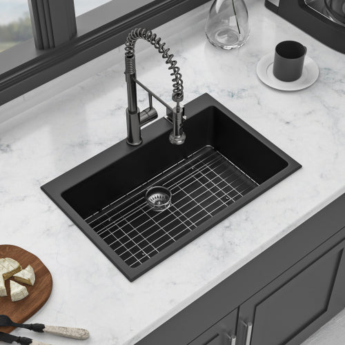 Quartz Kitchen Sink - 33"x22"x9.65" Black granite composite Drop in kitchen sink