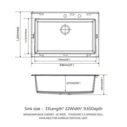 Quartz Kitchen Sink - 33"x22"x9.65" Black granite composite Drop in kitchen sink
