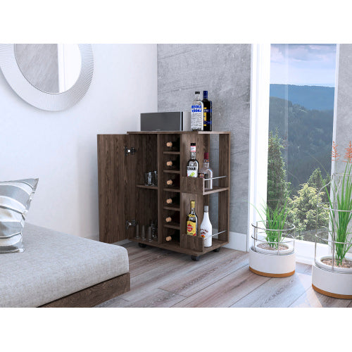 Bar Cart, One Cabinet With Division, Six Cubbies For Liquor, Two Shelves